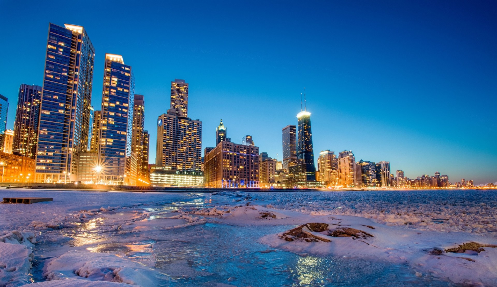 chicago eis wolkenkratzer bucht nachtstadt winter