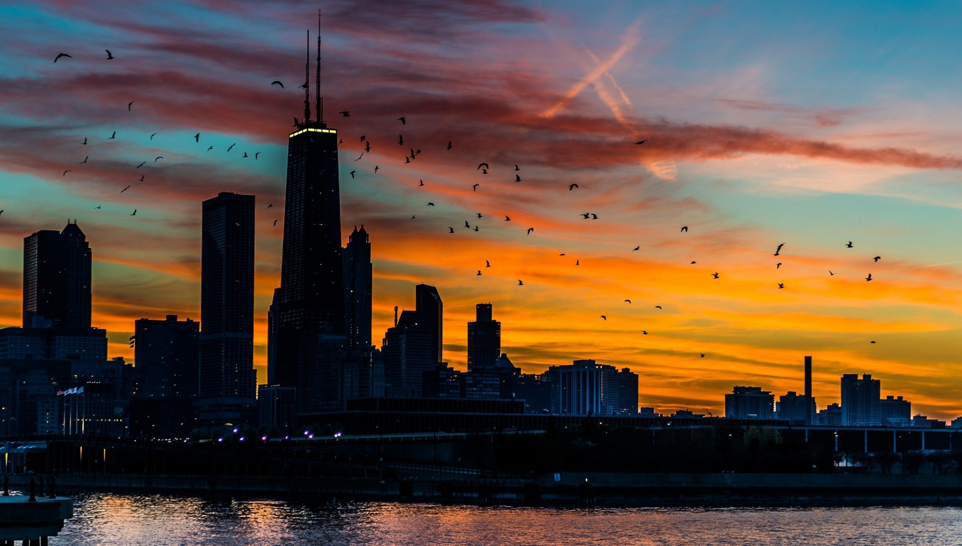 chicago sonnenuntergang usa bäume wolkenkratzer himmel gebäude amerika