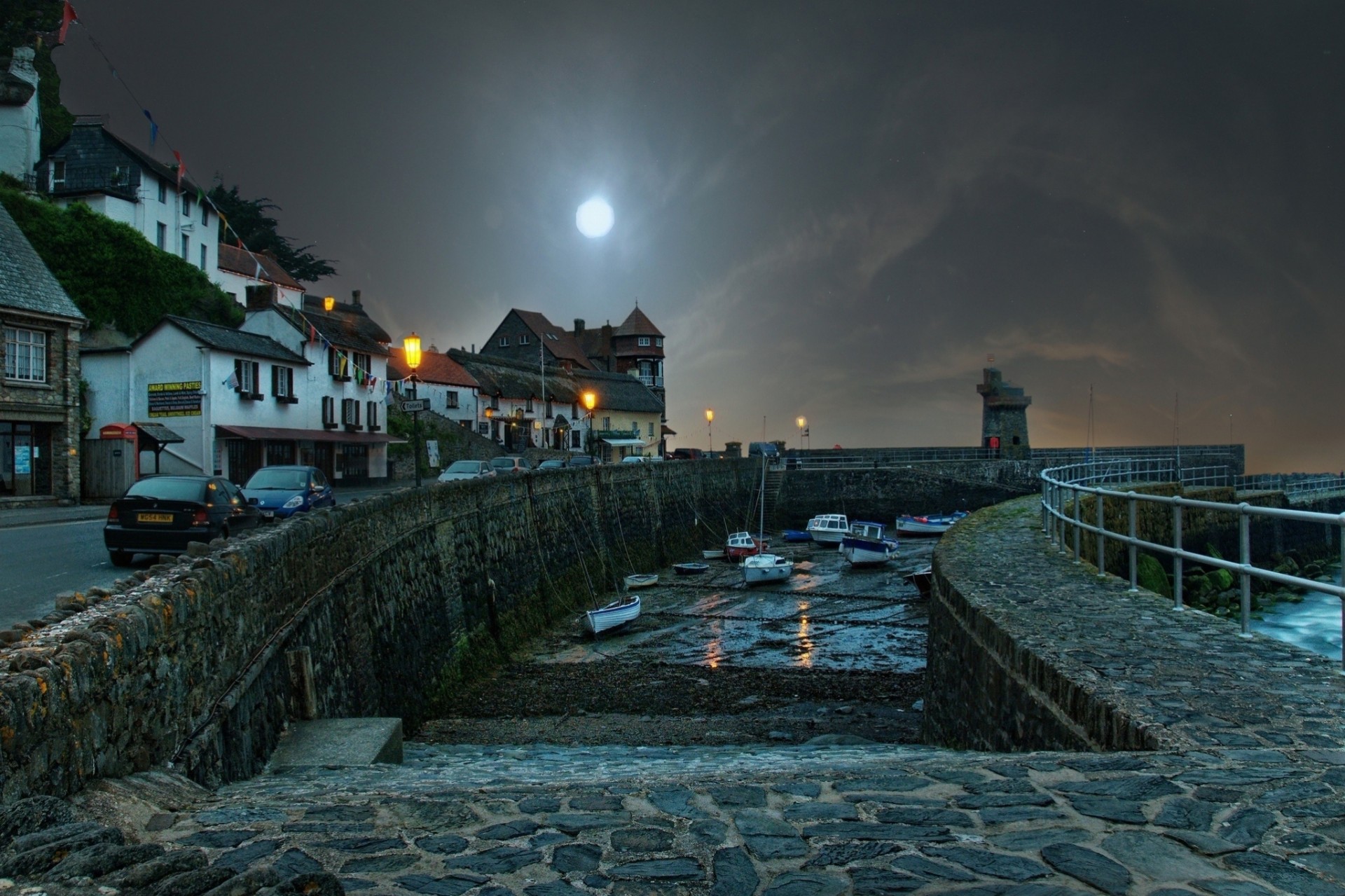 devon royaume-uni nuit angleterre escaliers ville route bateaux promenade maisons