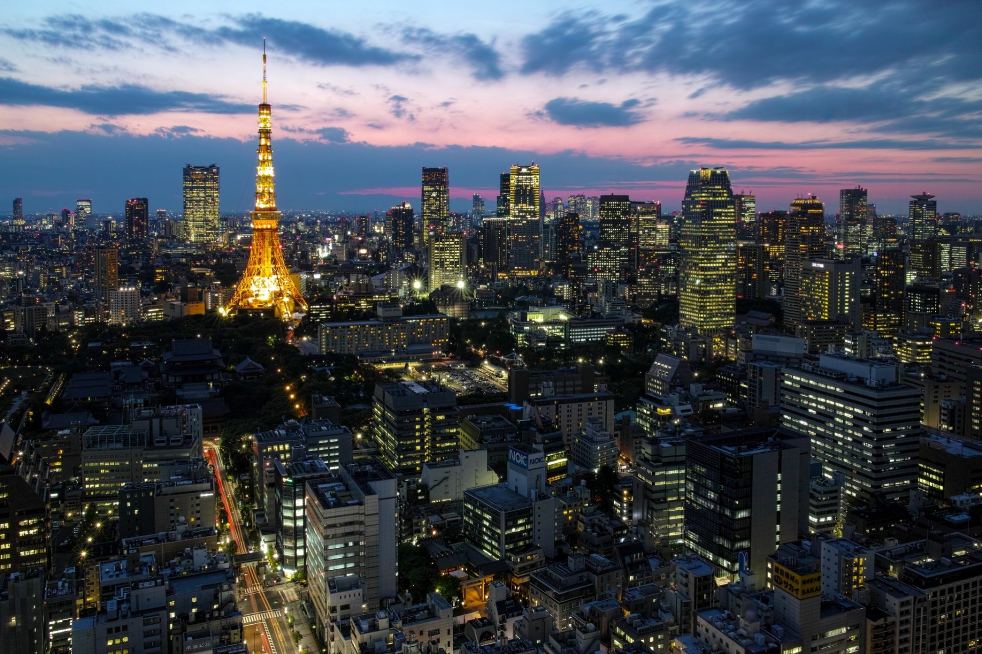 światła stolica tokio zachód słońca chmury drapacze chmur metropolia noc niebo budynek japonia wieża oświetlenie domy