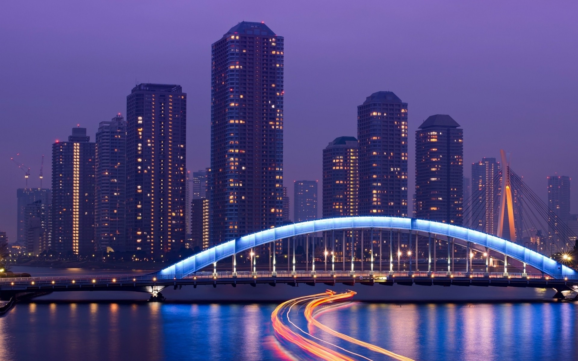 night bridge skyscraper sea japan light