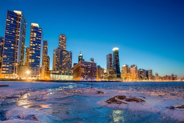 View of the night winter Chicago