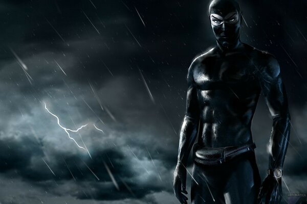 A black ninja stands in the rain