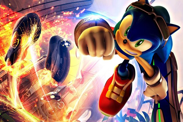 Helle Explosion und fliegender Sonic