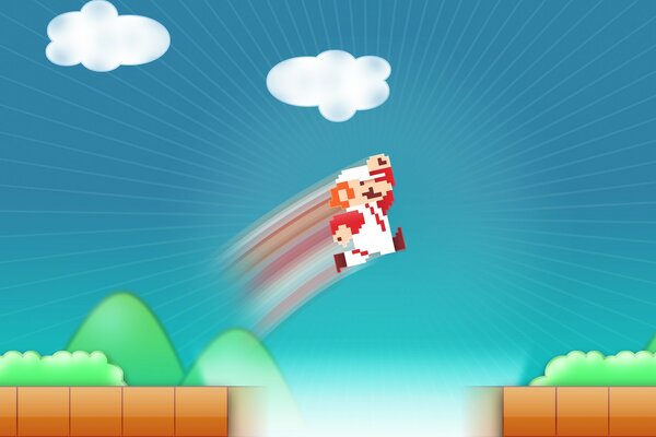 Super Mario is flying over the abyss