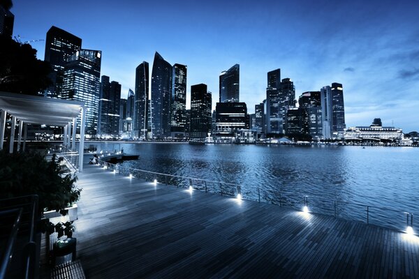 Vista nocturna de la ciudad de Singapur