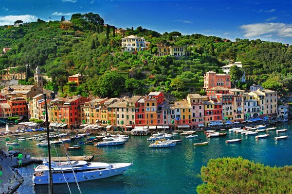 Pezaż wybrzeża we Włoszech Zatoka Liguria z łodziami
