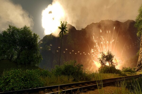 Explosion among the island with palm trees from the crysis game