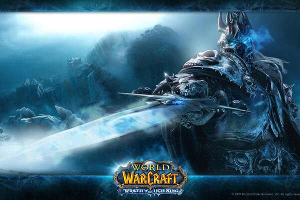 The Lich King with a sword in blue tones