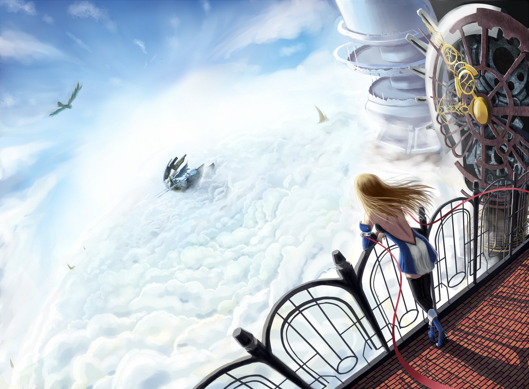 balcony above the clouds castle beauty height clouds birds dress hair girl blonde clock mechanism sky-a girls-a blondes-a drawings-a