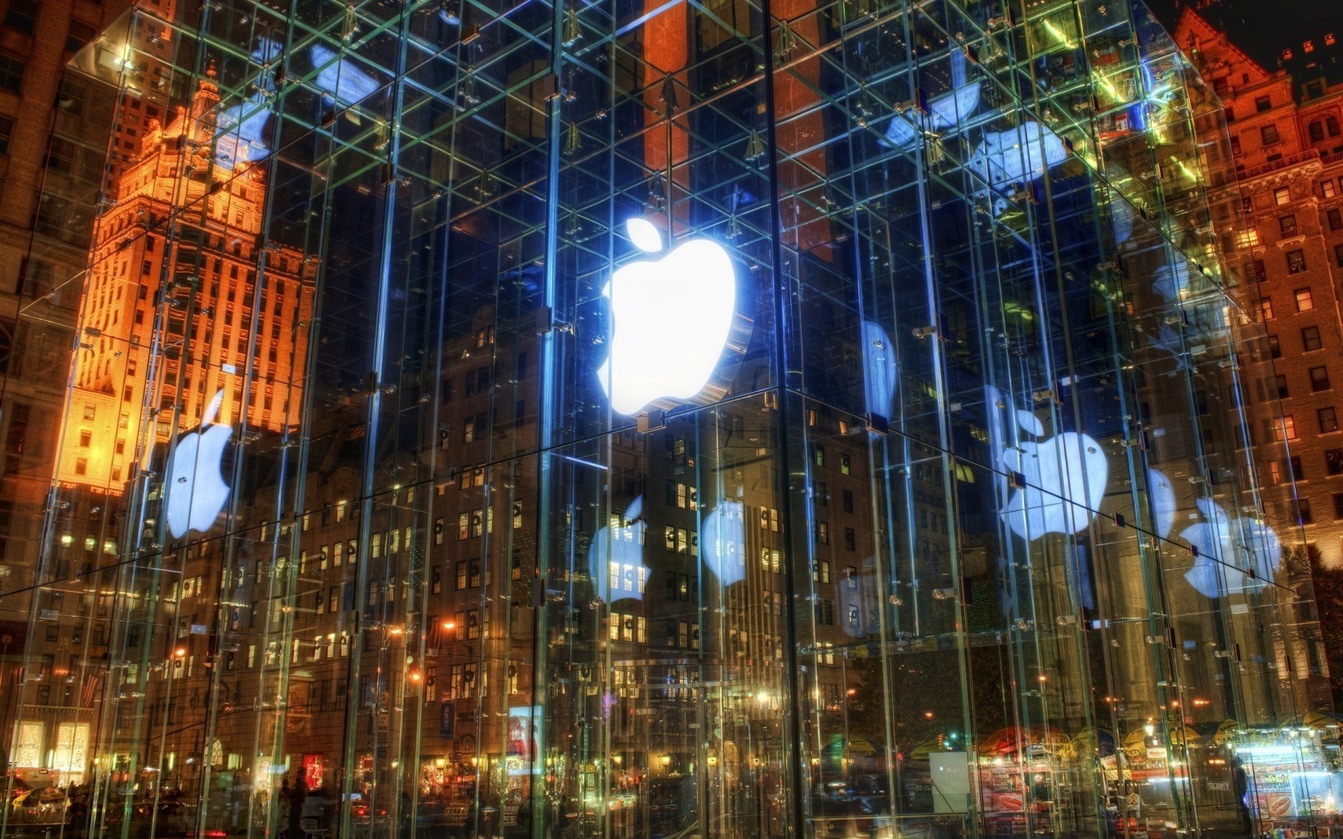 miroir vitrine lumineux pommes verre apple emblèmes logos