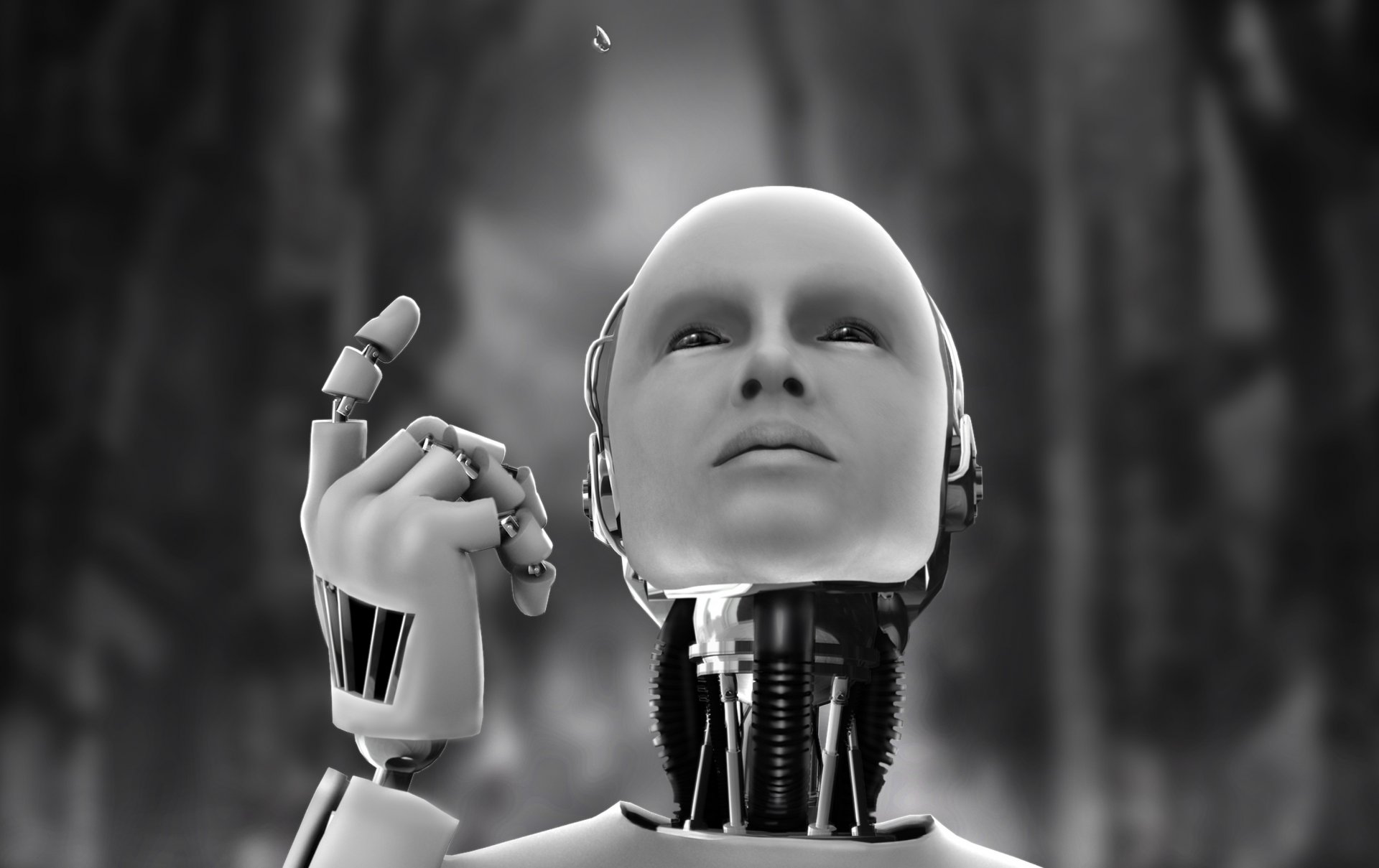 robot forma humana gota de agua cyborg androide blanco negro