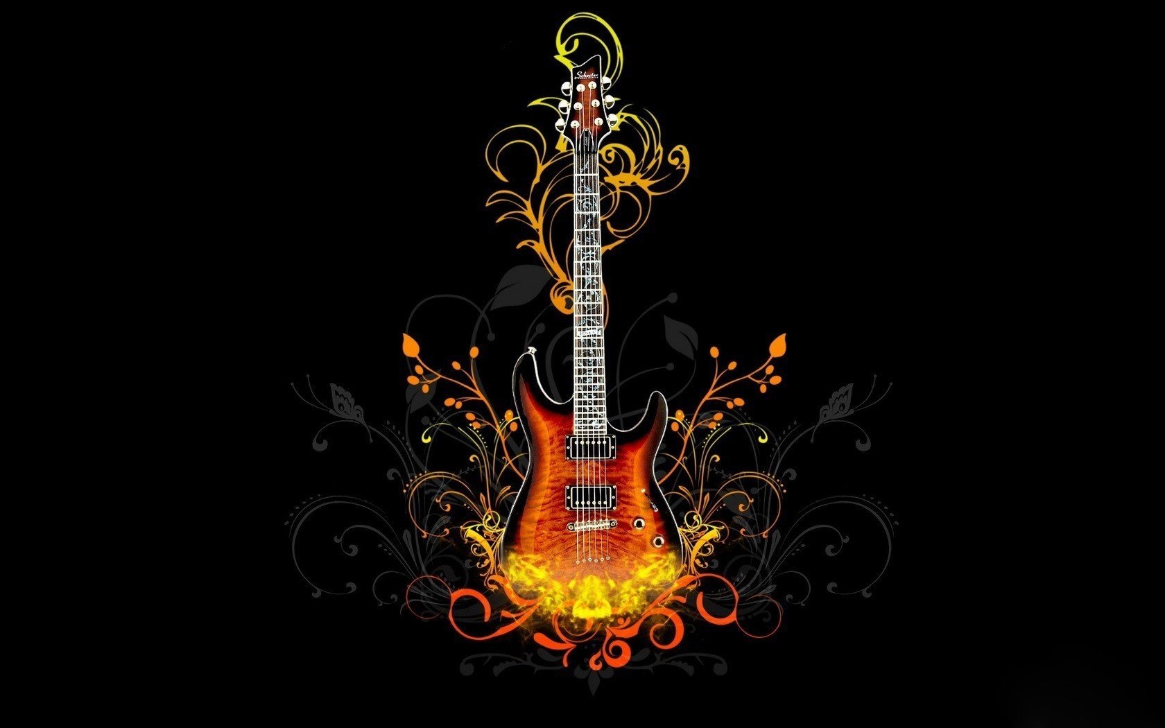 golden patterns minimalism musical instrument guitar sparks music background black creative tool string