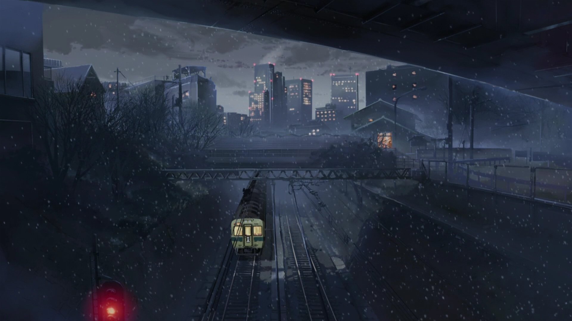 train night snow red light cities railway transport drawings railway transport-a cities-a night-a