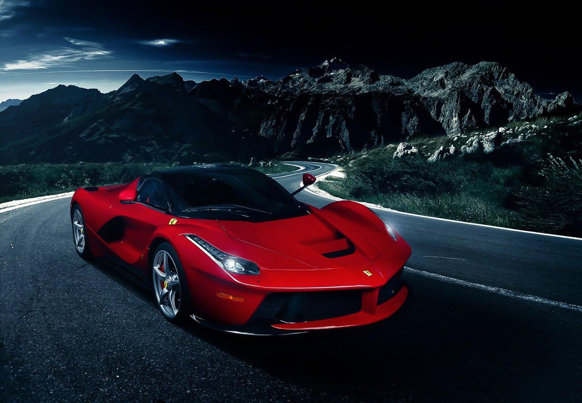 ferrari laferrari красные nigth дорога передние гора