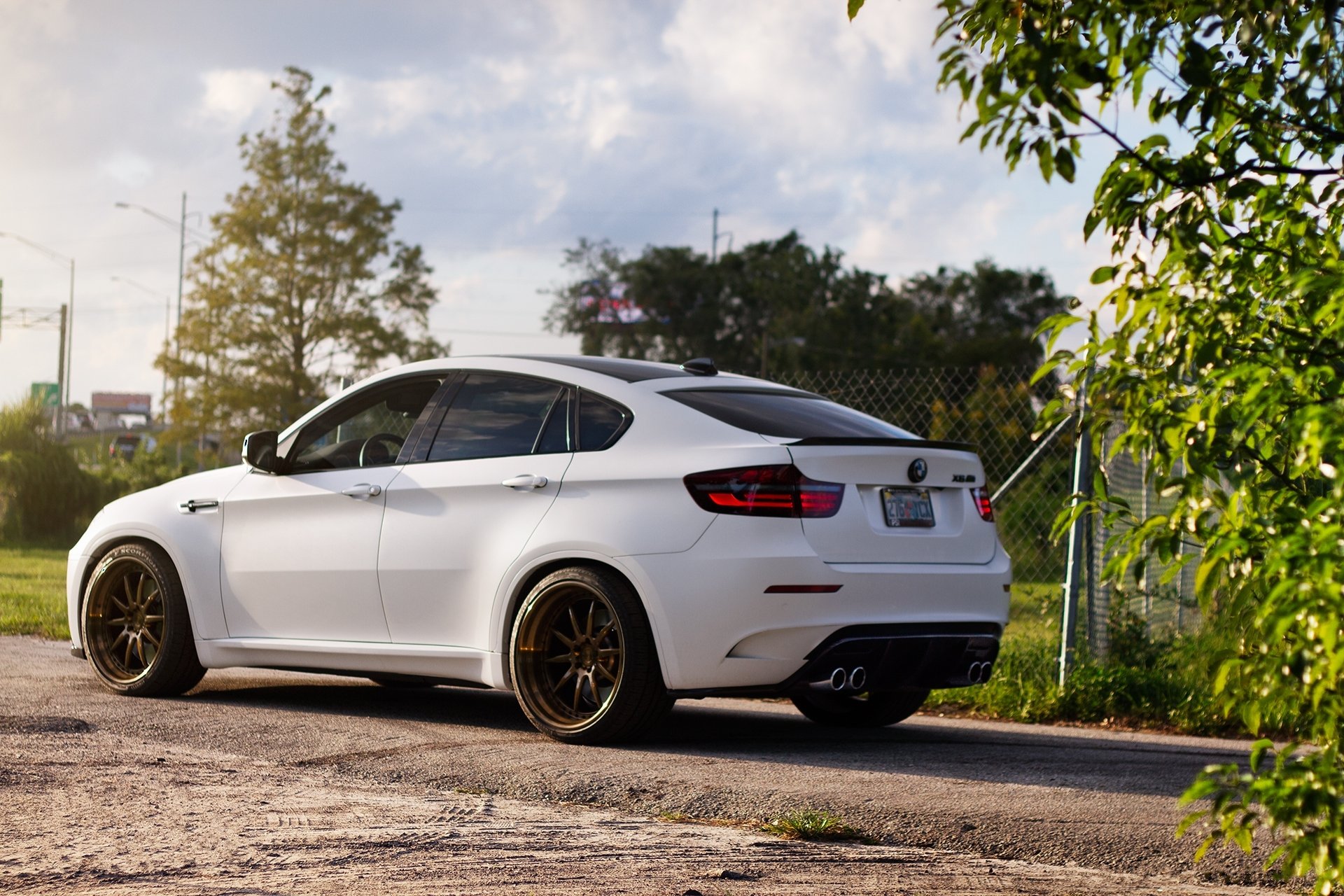 bmw x6m e71 biały bmw widok z tyłu droga osłona