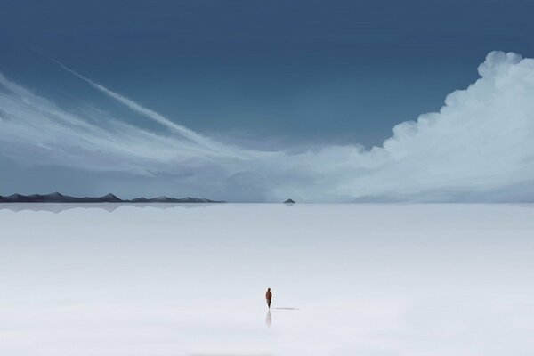 A lonely man walks on a frozen lake