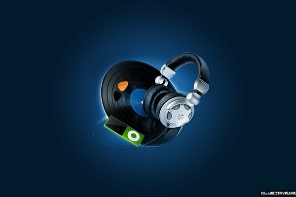 Headphones, record, mp3 player on a black and blue background