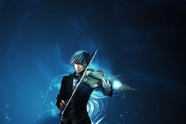 Ragazzo con violino in tuta su sfondo blu