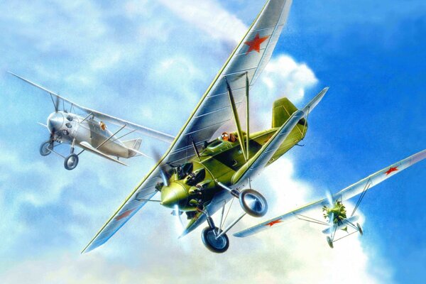 The Soviet single-seat ANT-5 aircraft flies through the sky