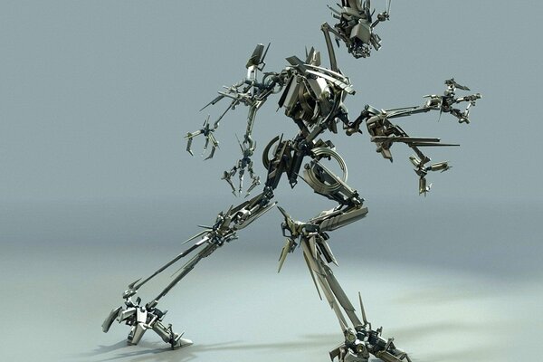 Metal humanoid robot sneaks