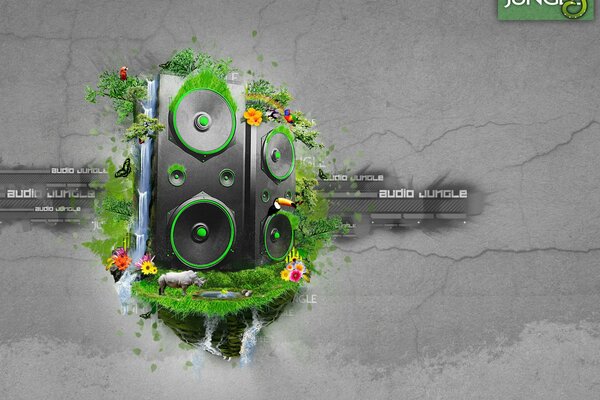 Music in speakers in the jungle waterfall