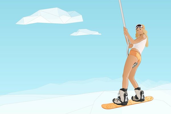 Blonde hiver sur un snowboard en maillot de bain