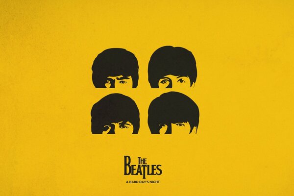 Gruppo musicale leggenda dei Beatles, copertina del quartetto faccia su sfondo giallo, persone con uno sguardo negli occhi