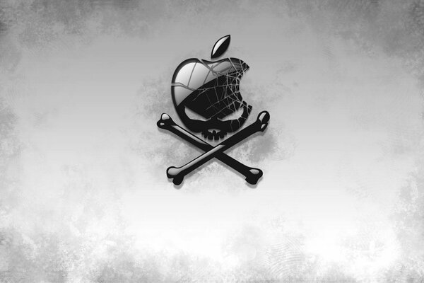 Grauer Hintergrund mit Apple-Logo mit Schädel und Knochen