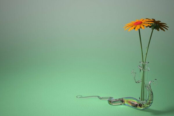 Deux marguerites orange avec vase créatif