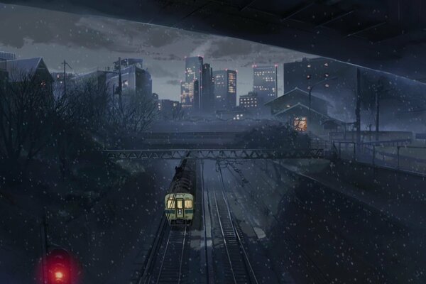 Railway transport under snow at night