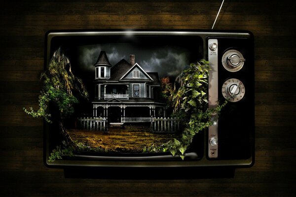 Retro TV with an image of an old dark house and green plants