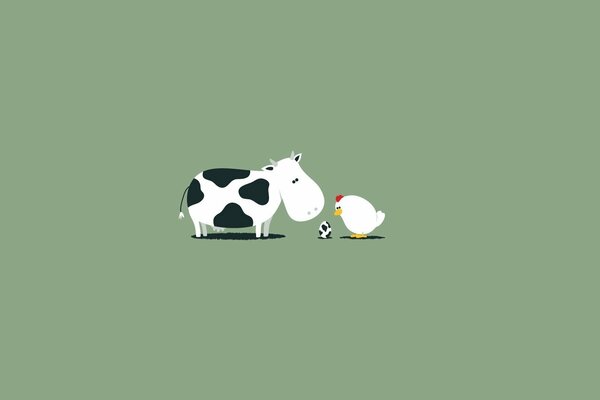 Kreskówka krowa i kurczak na zielonym tle