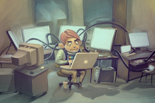 Un ragazzo geek seduto da solo in una stanza a lavorare al computer