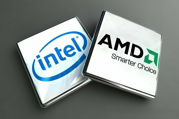 AMD and intel logos in white squares on a gray background