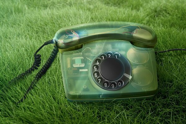 Teléfono transparente en la hierba verde