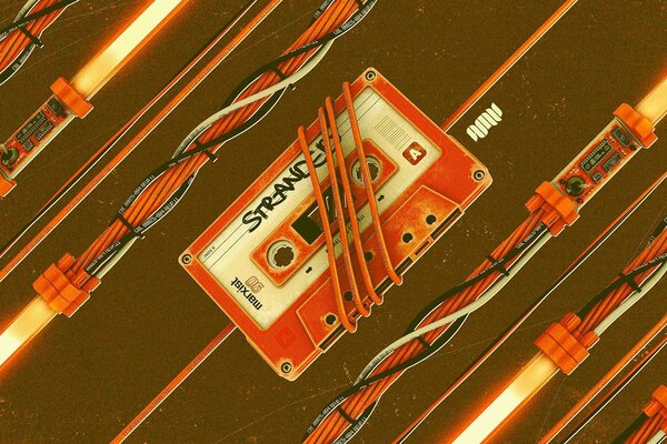 Оранжевая аудиокассета с оранжевыми проводами
