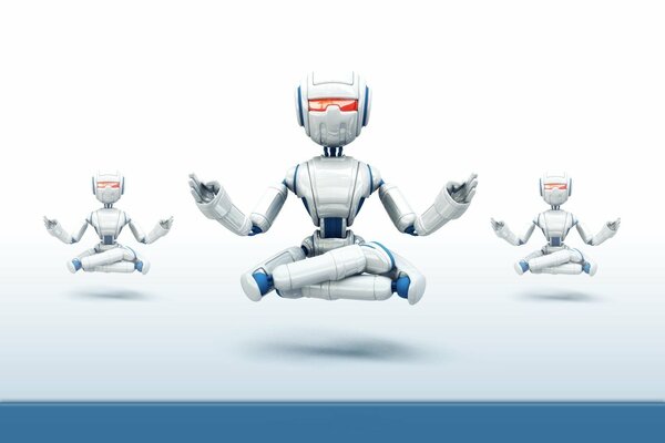 Meditating robots on a white background