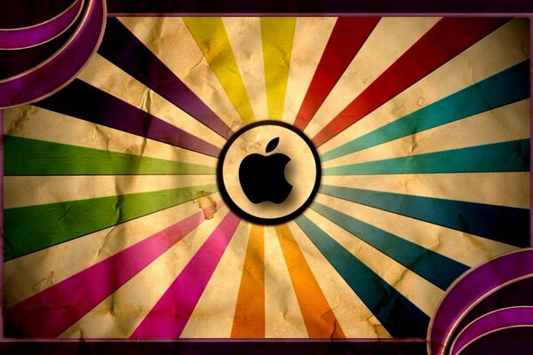 Apple logo on a multicolored postcard with colored lines