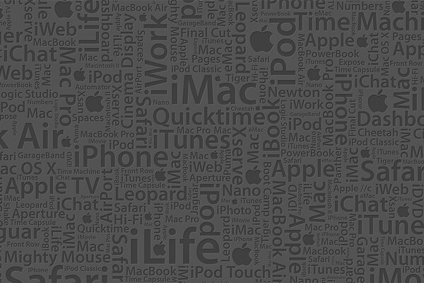 A wall of Apple product logos