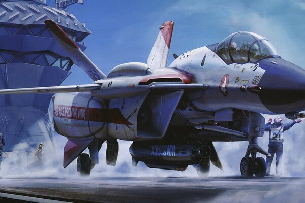 Arte sobre el tema de un portaaviones militar con un avión a bordo