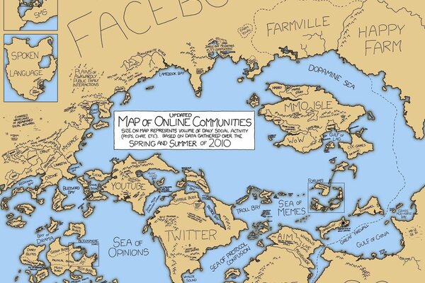 Map with notes of the continents of the online community of Facebook, Windows, VKontakte sites