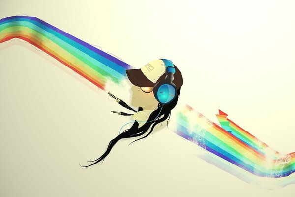 El chico en los auriculares de perfil en el fondo del arco iris