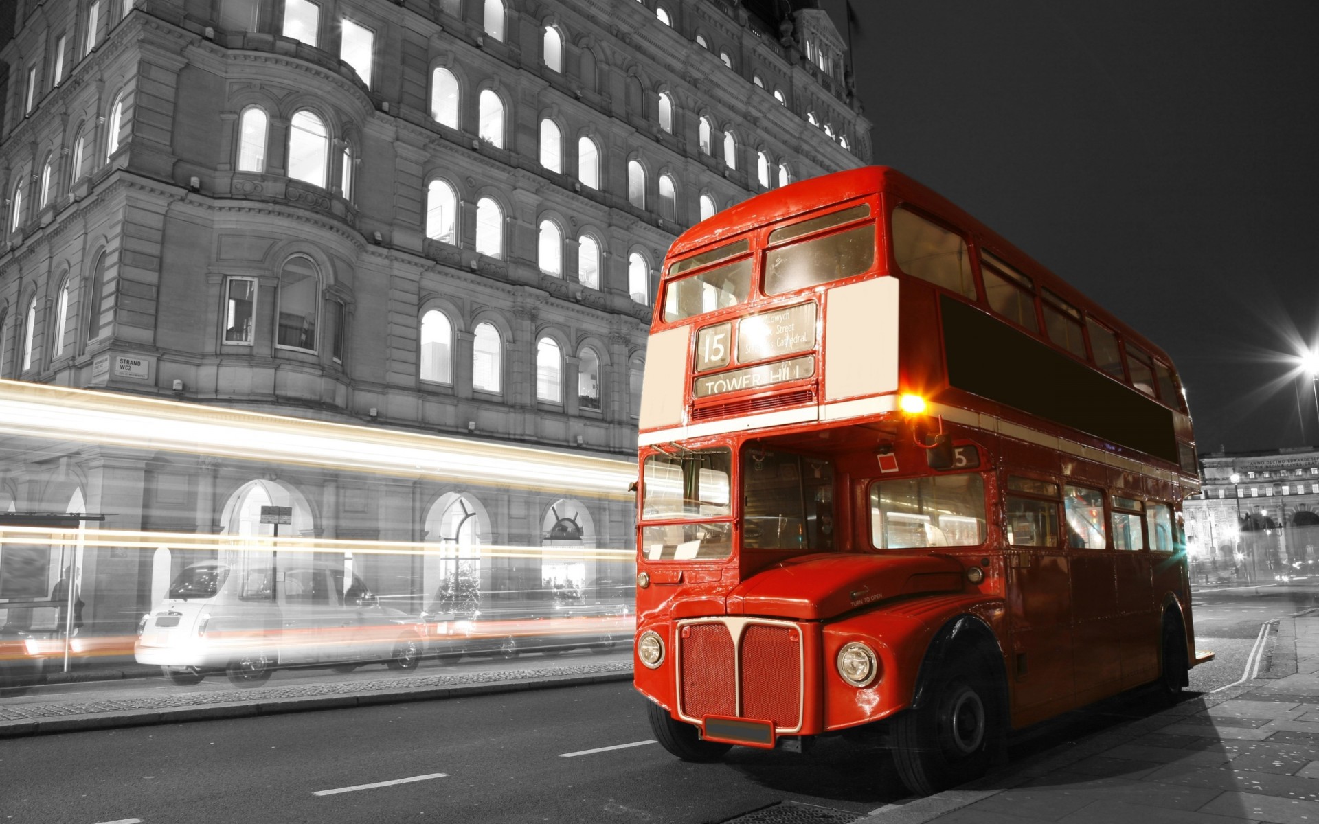 blur road street england bus night london black and white light town