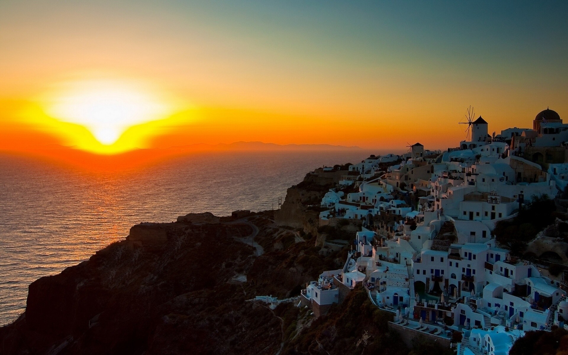 landschaft sonnenuntergang küste meer griechenland santorin oia ägäis