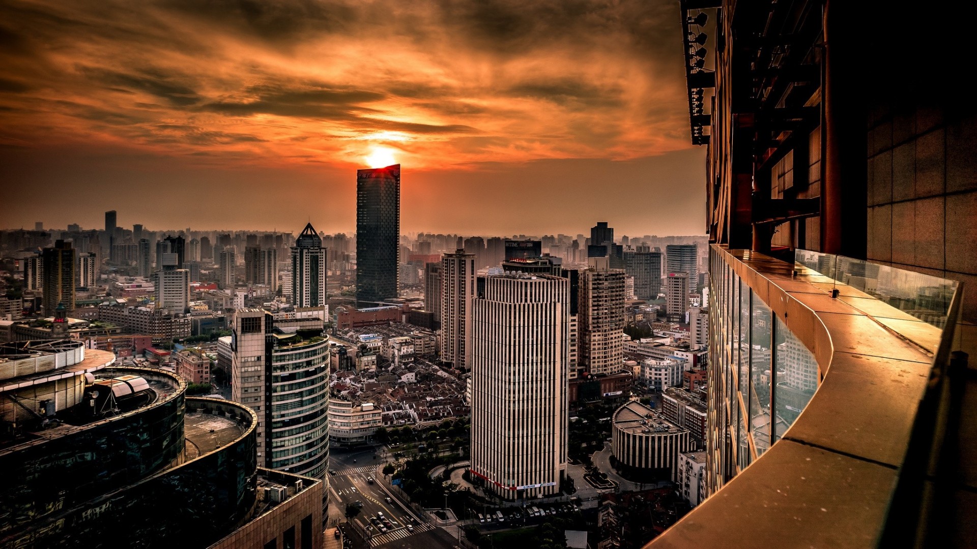 sonnenuntergang china shanghai panorama gebäude huangpu