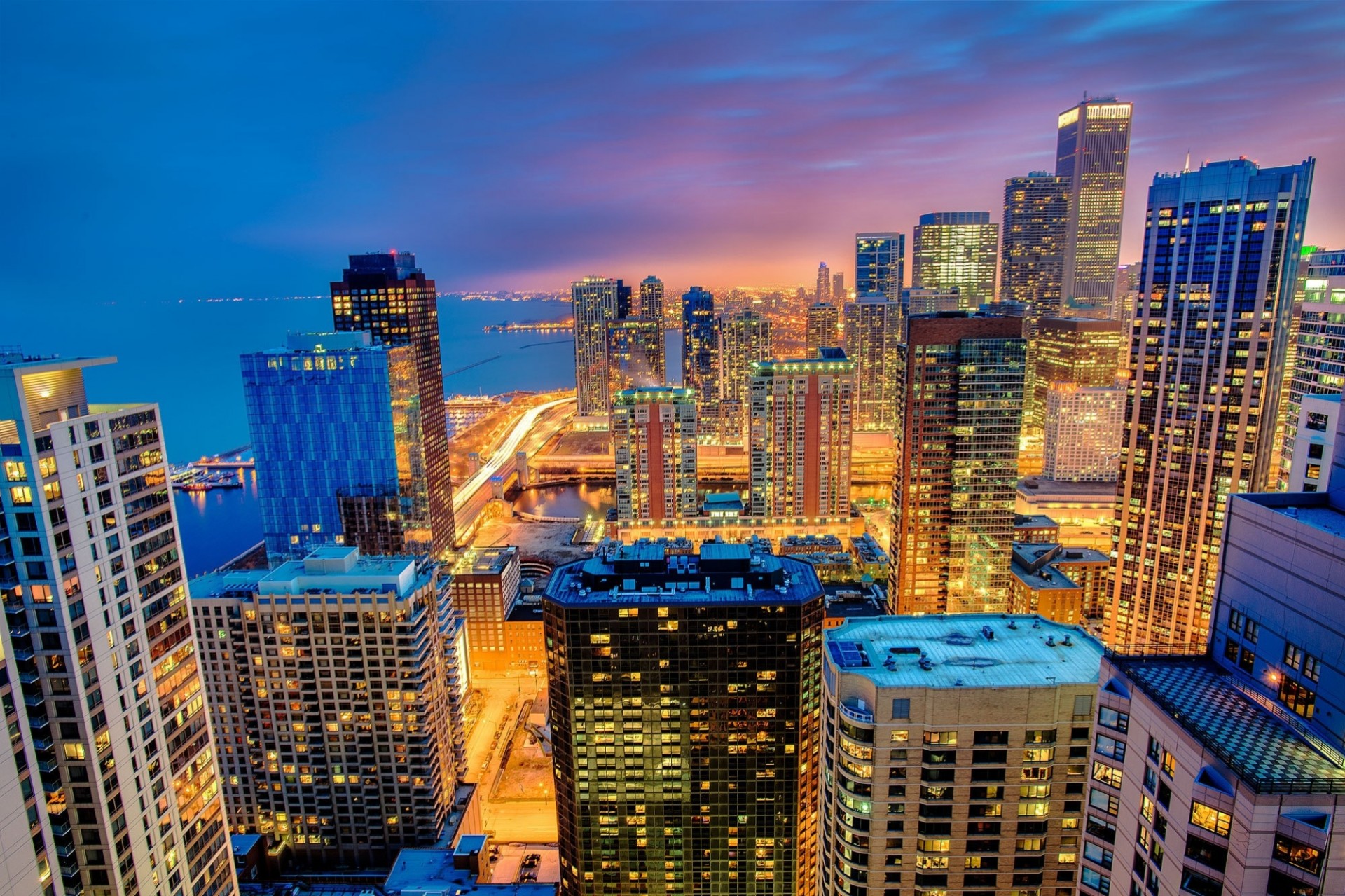 panorama chicago town night views united states illinois skyscraper building height lighting light