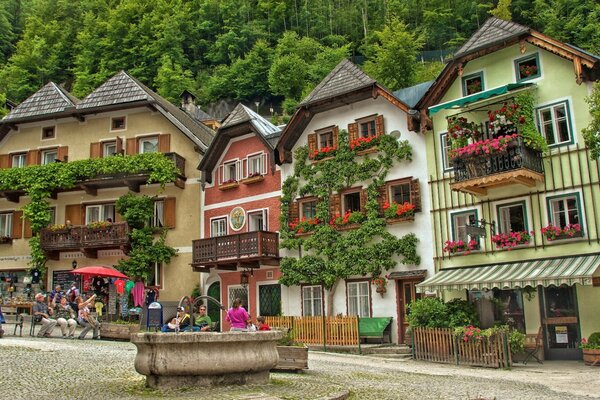 Paisaje de Austria con edificios y fuente