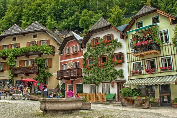 Paysage d Autriche avec des bâtiments et une fontaine