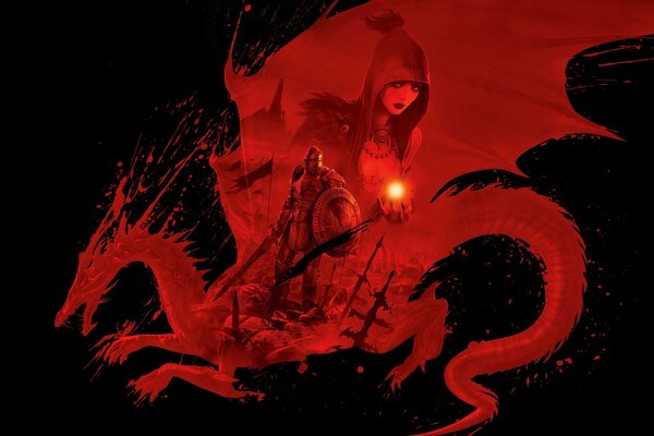 Guerrier sur un dragon rouge et une femme dans une capuche